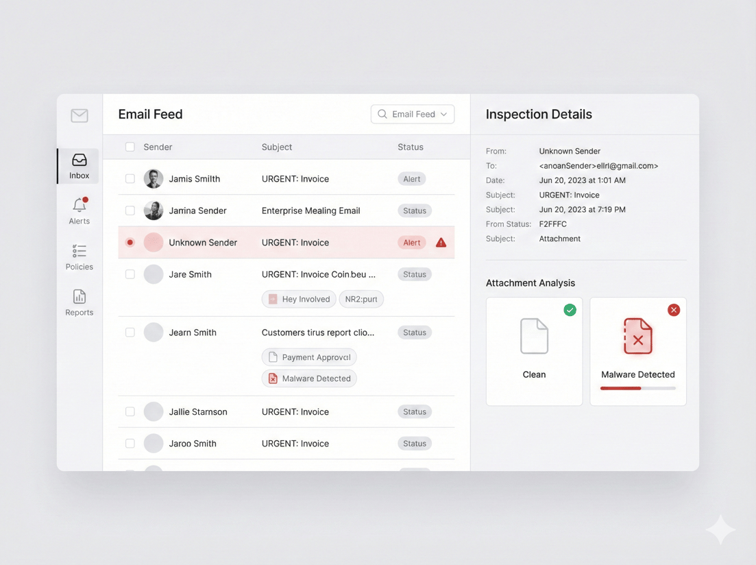 SLE 이메일 보안 게이트웨이 대시보드 — 수신 이메일 분석 현황 및 첨부파일 위협 탐지 인터페이스