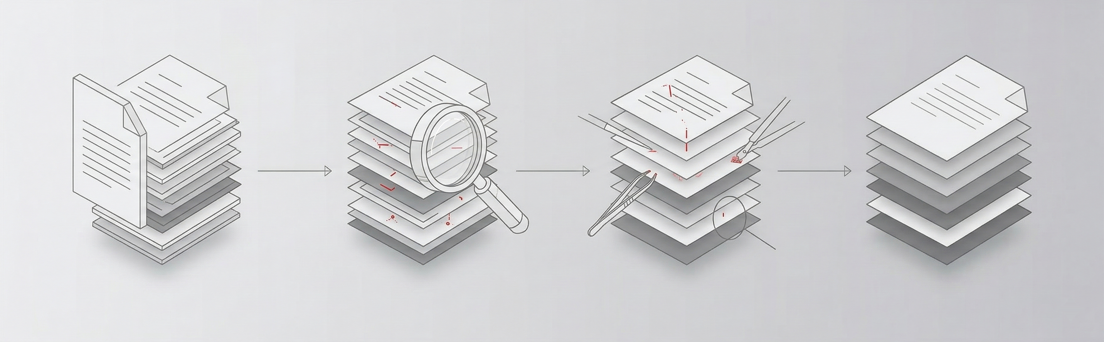 CDR 4단계 프로세스 플로우 — 파일 구조 분석, 악성 콘텐츠 탐지, 콘텐츠 제거 및 치환, 클린 파일 재구성